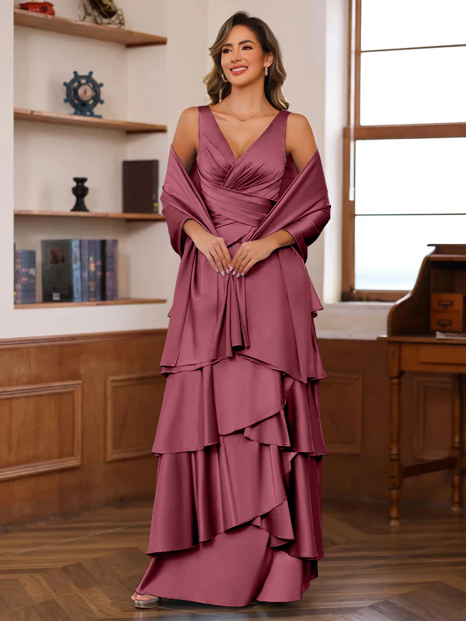 A-Line/Princess V-Neck Sleeveless Floor-Length Mother of the Bride Dresses With Ruffles & Wrap - Image 55