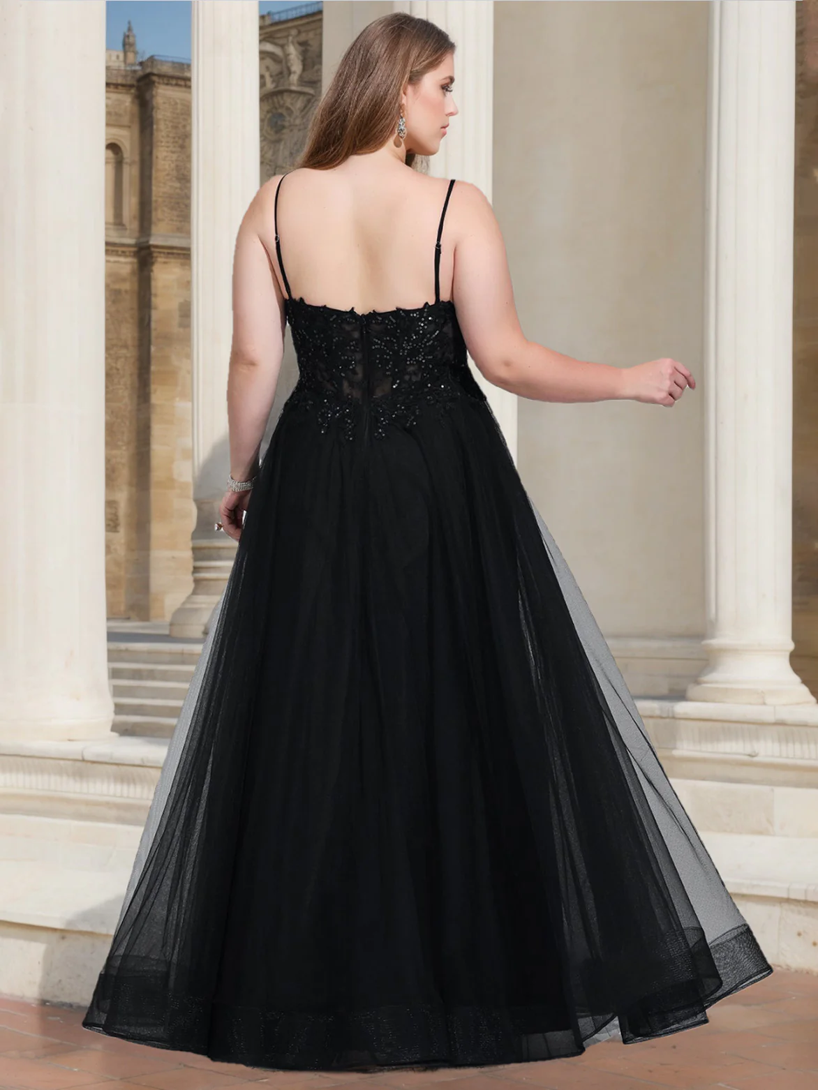 A-Line/Princess V-Neck Sleeveless Floor-Length Plus Size Prom Dresses With Sequins & Split Side - Image 2