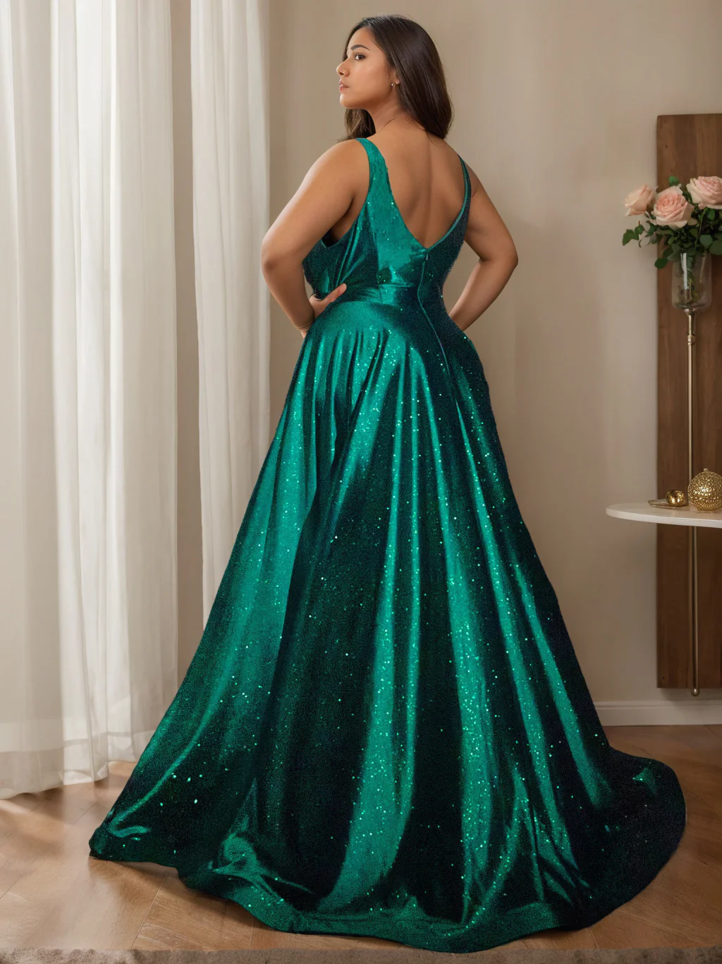 A-Line/Princess V-Neck Sleeveless Floor-Length Prom Evening Dresses with Split Side - Image 2