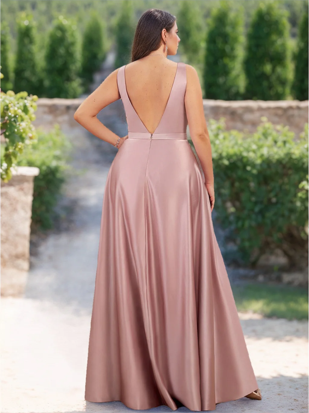 A-Line/Princess V-Neck Sleeveless Floor-Length Satin Plus Size Bridesmaid Dresses - Image 2