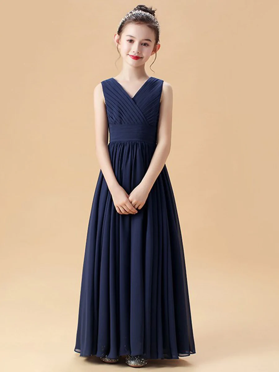 A-Line/Princess V-Neck Sleeveless Ruched Junior Girl Bridesmaid Dresses with Ruffles
