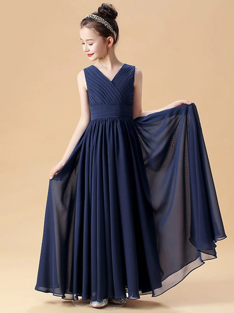A-Line/Princess V-Neck Sleeveless Ruched Junior Girl Bridesmaid Dresses with Ruffles - Image 5