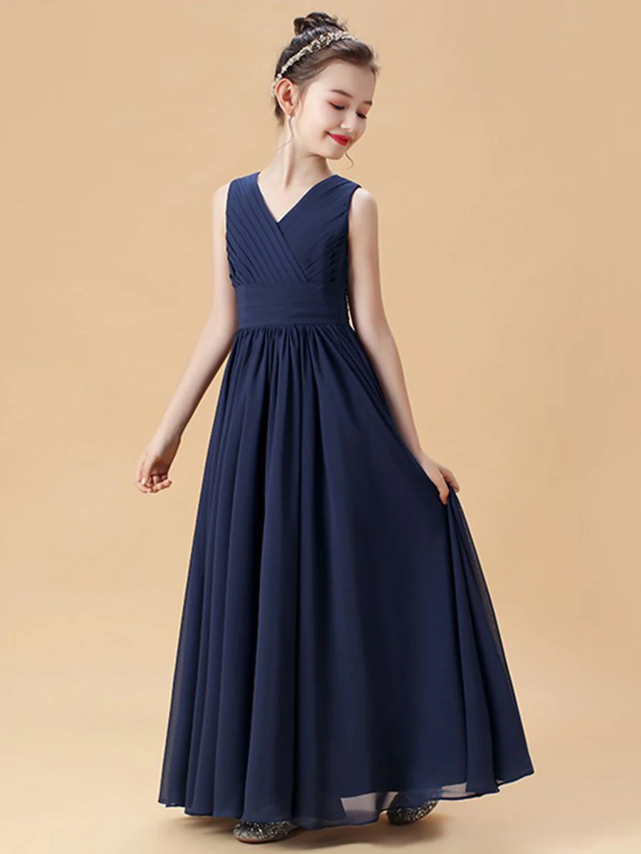 A-Line/Princess V-Neck Sleeveless Ruched Junior Girl Bridesmaid Dresses with Ruffles - Image 6