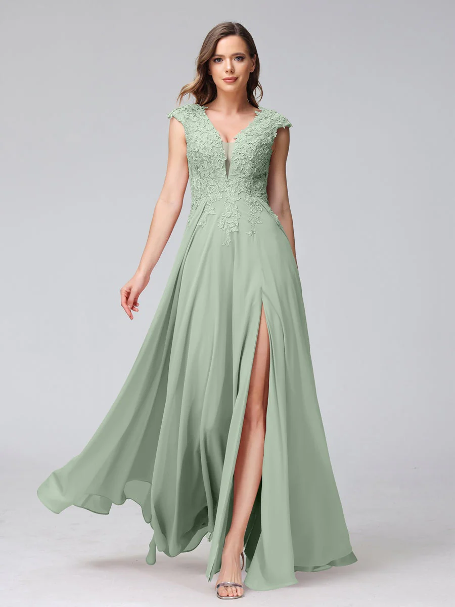 A-Line/Princess V-Neck Sleeveless Chiffon LongBridemaid Dresses With Applique Split Side - Image 10