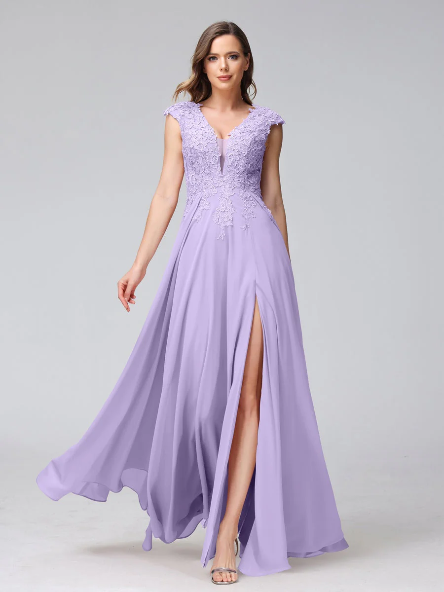 A-Line/Princess V-Neck Sleeveless Chiffon LongBridemaid Dresses With Applique Split Side - Image 14
