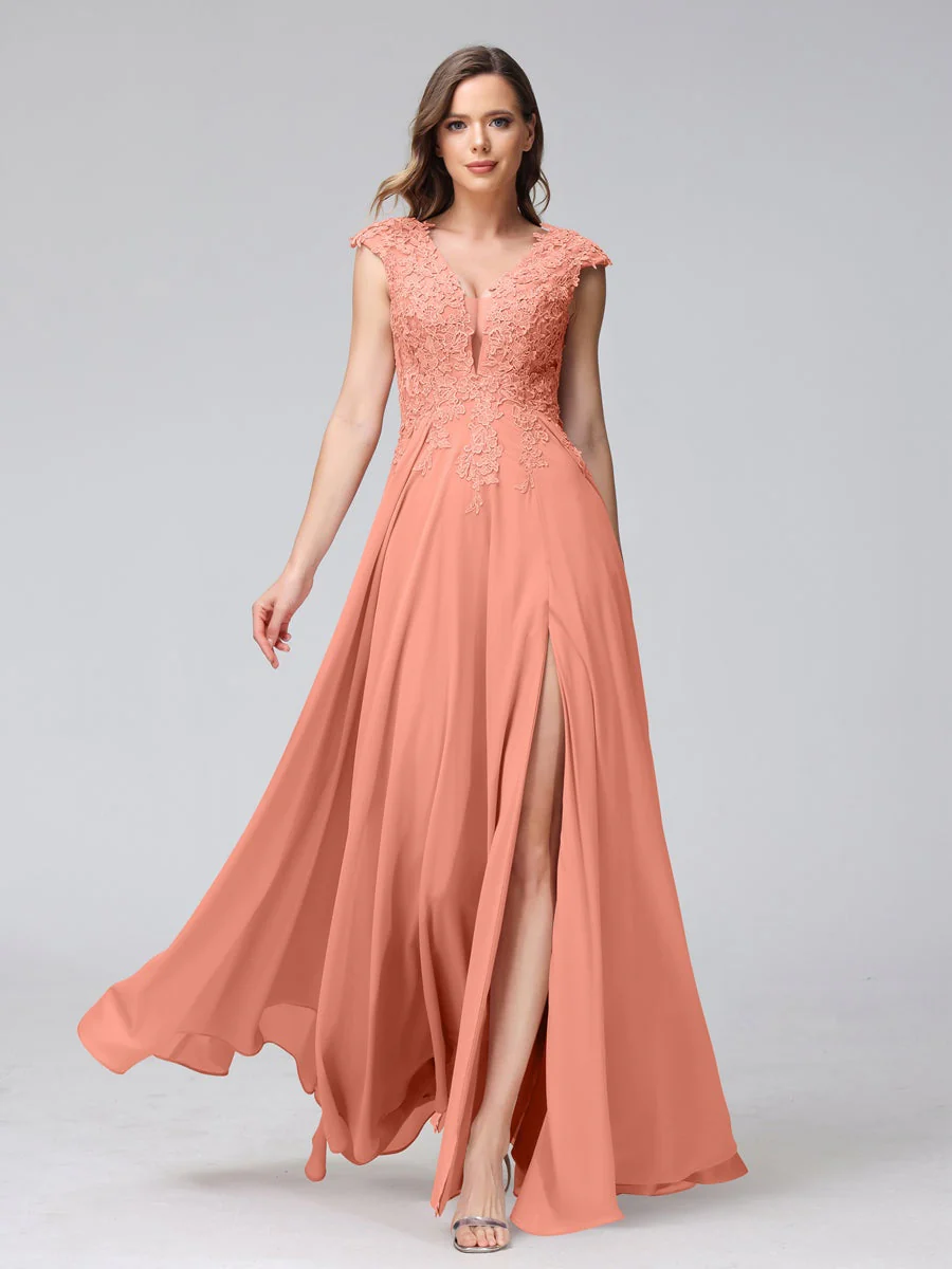 A-Line/Princess V-Neck Sleeveless Chiffon LongBridemaid Dresses With Applique Split Side - Image 15