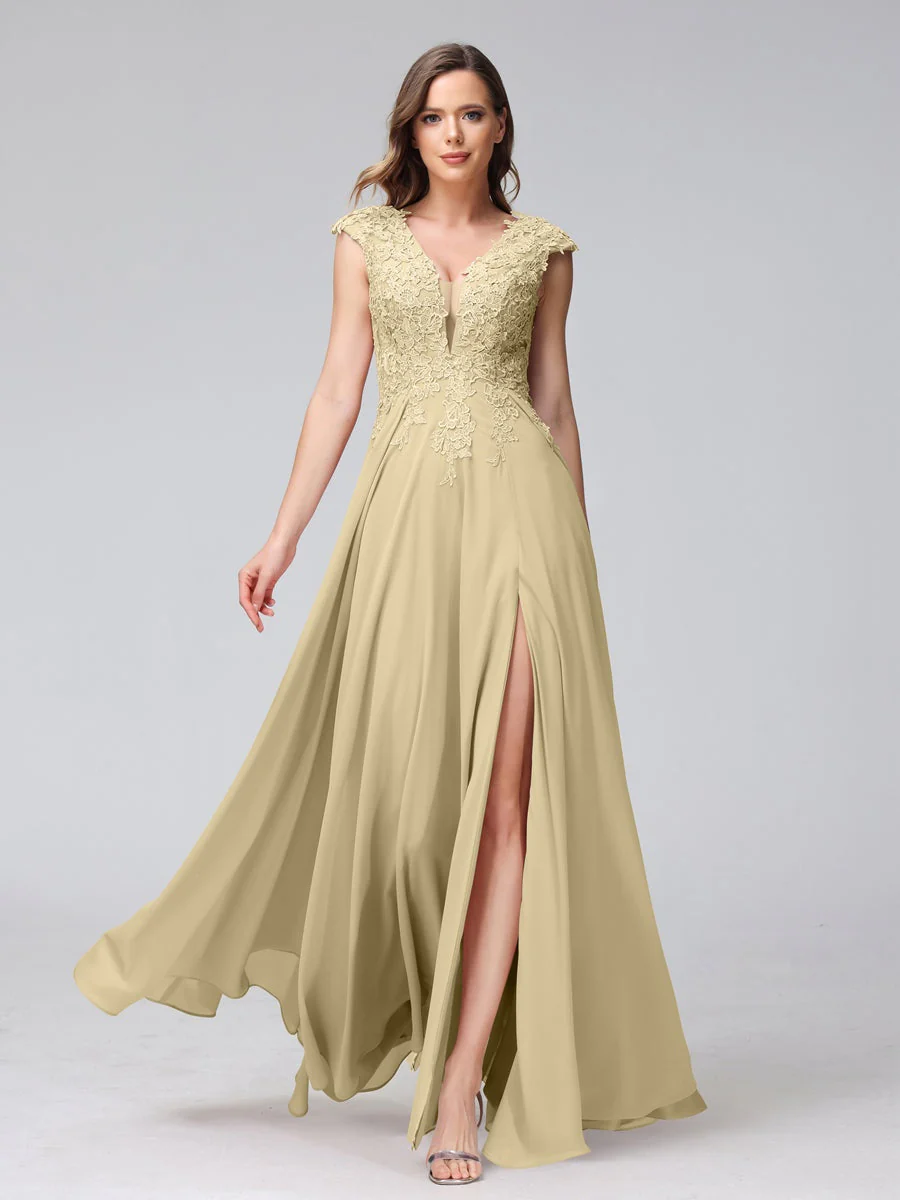 A-Line/Princess V-Neck Sleeveless Chiffon LongBridemaid Dresses With Applique Split Side - Image 24