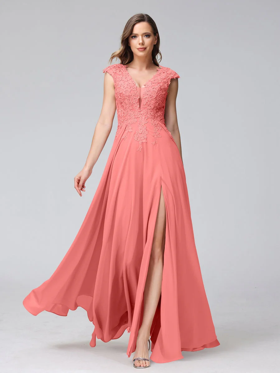A-Line/Princess V-Neck Sleeveless Chiffon LongBridemaid Dresses With Applique Split Side - Image 32