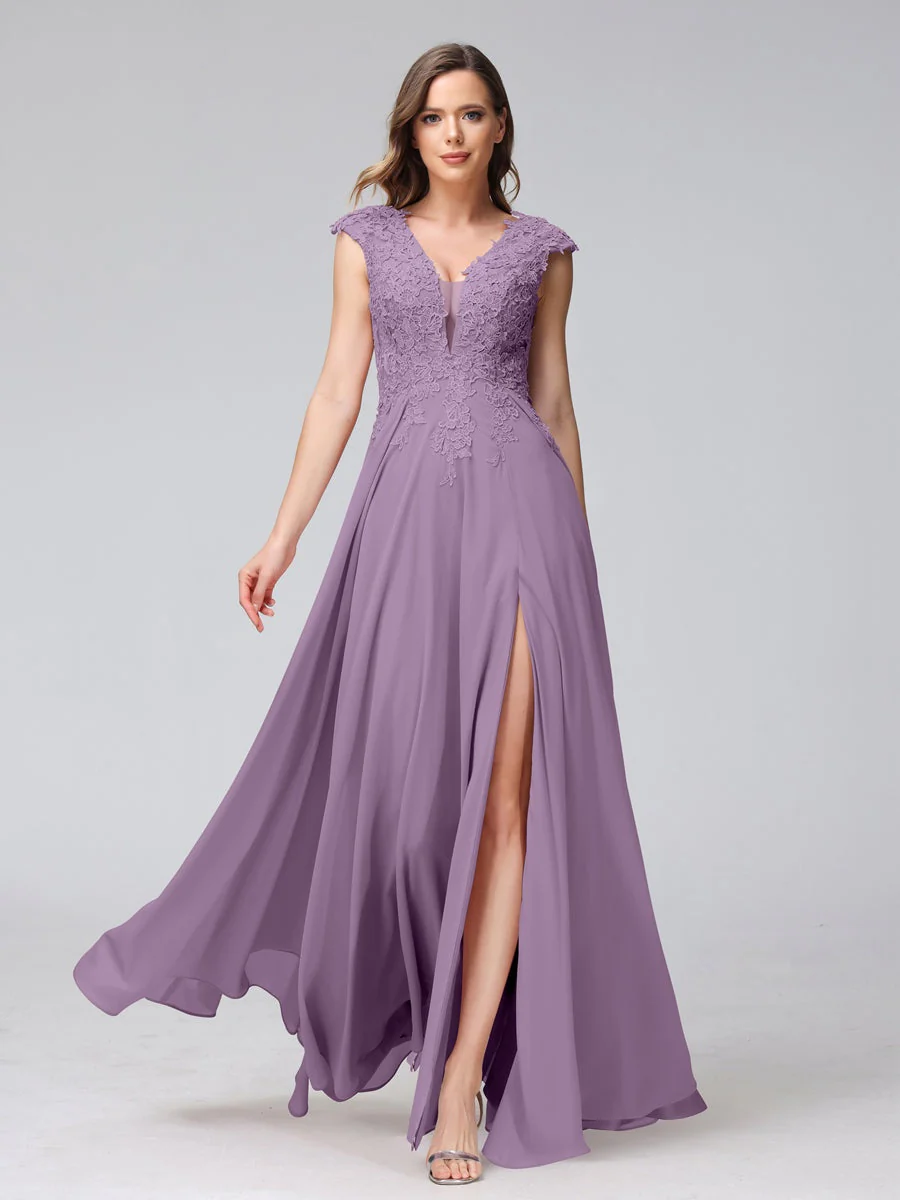 A-Line/Princess V-Neck Sleeveless Chiffon LongBridemaid Dresses With Applique Split Side - Image 40