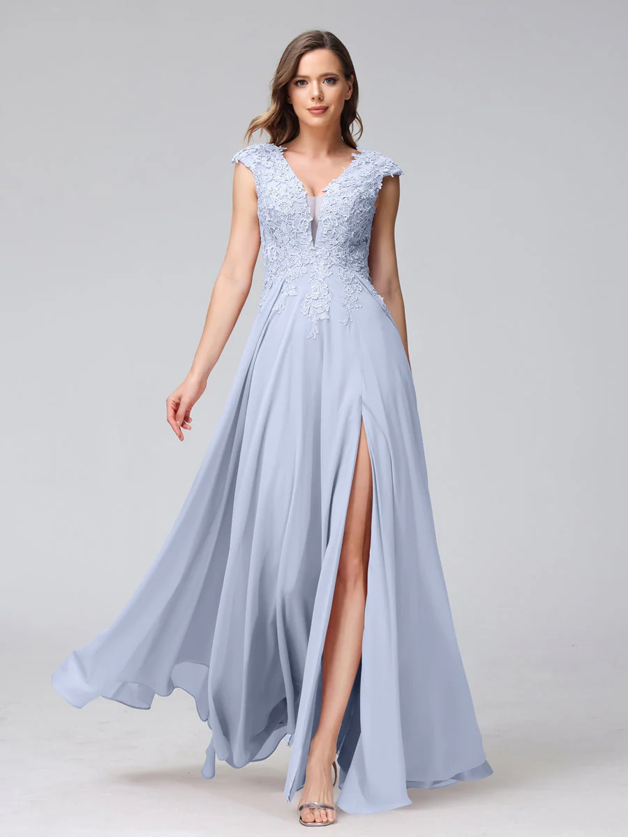 A-Line/Princess V-Neck Sleeveless Chiffon LongBridemaid Dresses With Applique Split Side - Image 48