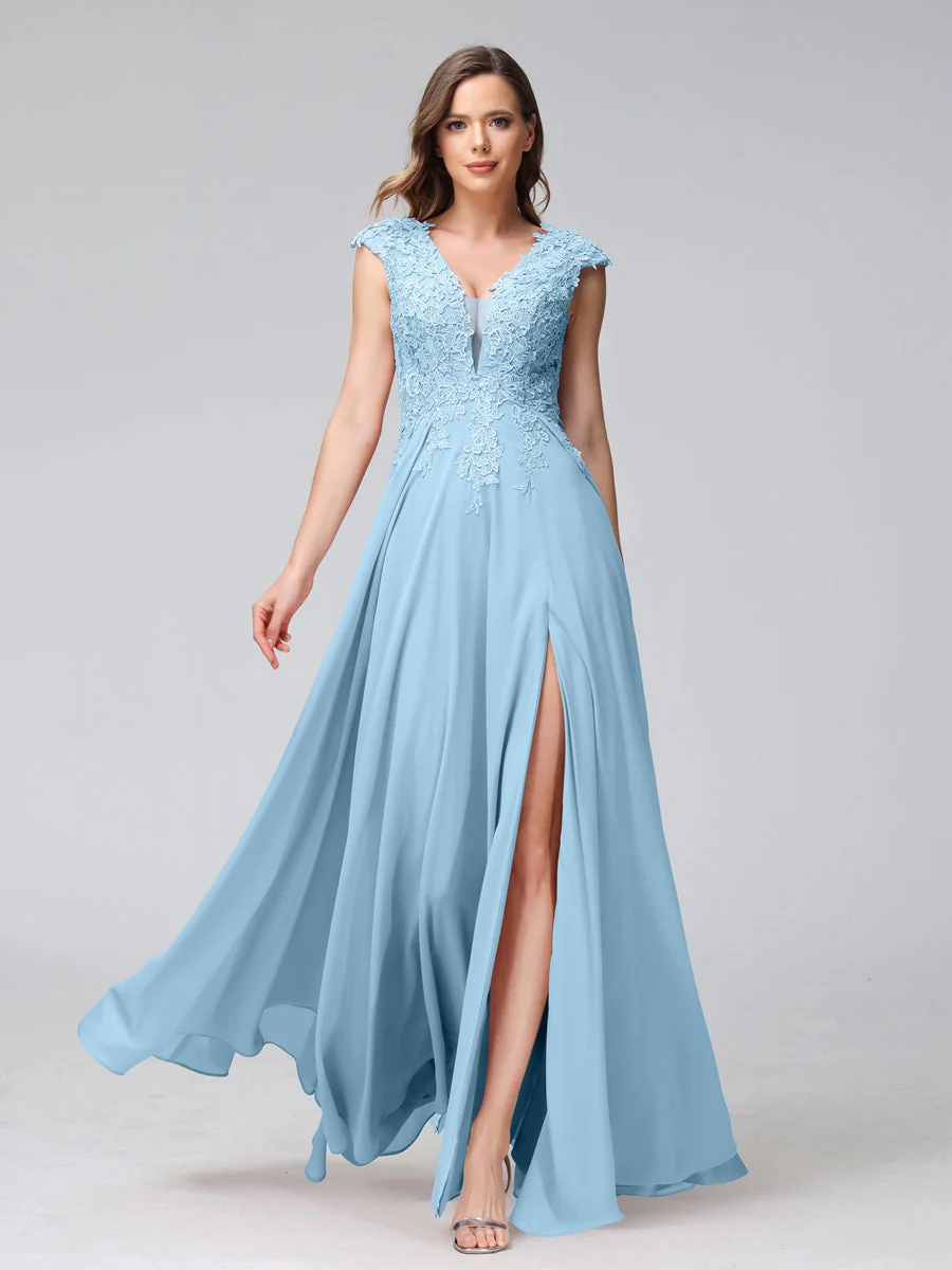A-Line/Princess V-Neck Sleeveless Chiffon LongBridemaid Dresses With Applique Split Side - Image 50