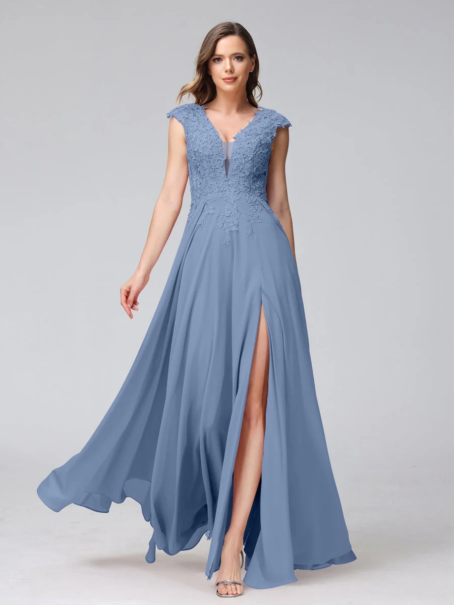 A-Line/Princess V-Neck Sleeveless Chiffon LongBridemaid Dresses With Applique Split Side - Image 51