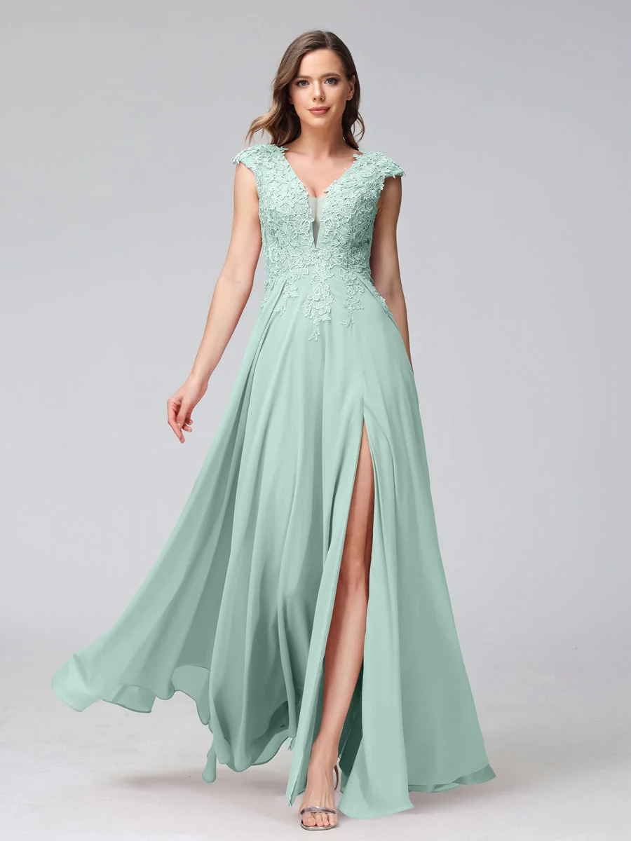 A-Line/Princess V-Neck Sleeveless Chiffon LongBridemaid Dresses With Applique Split Side - Image 60