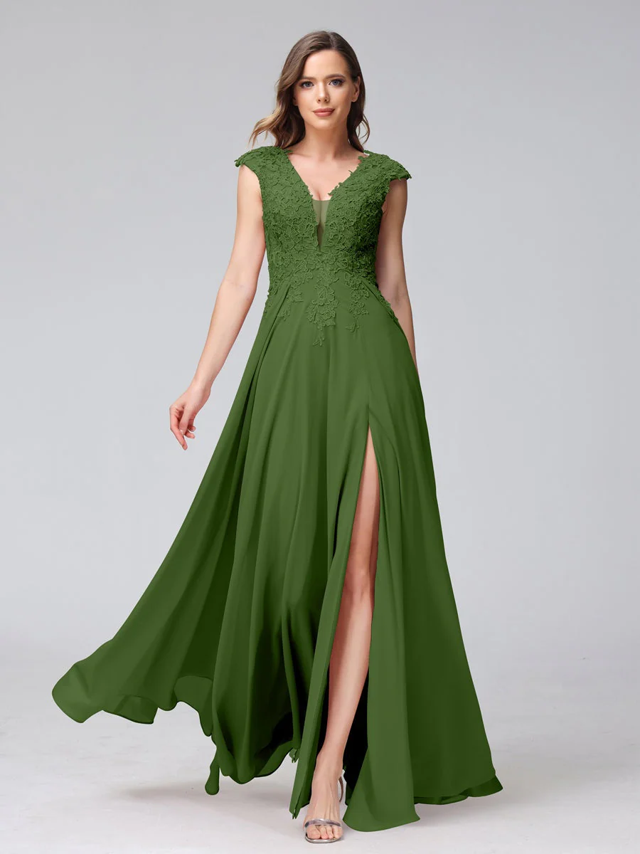 A-Line/Princess V-Neck Sleeveless Chiffon LongBridemaid Dresses With Applique Split Side - Image 65