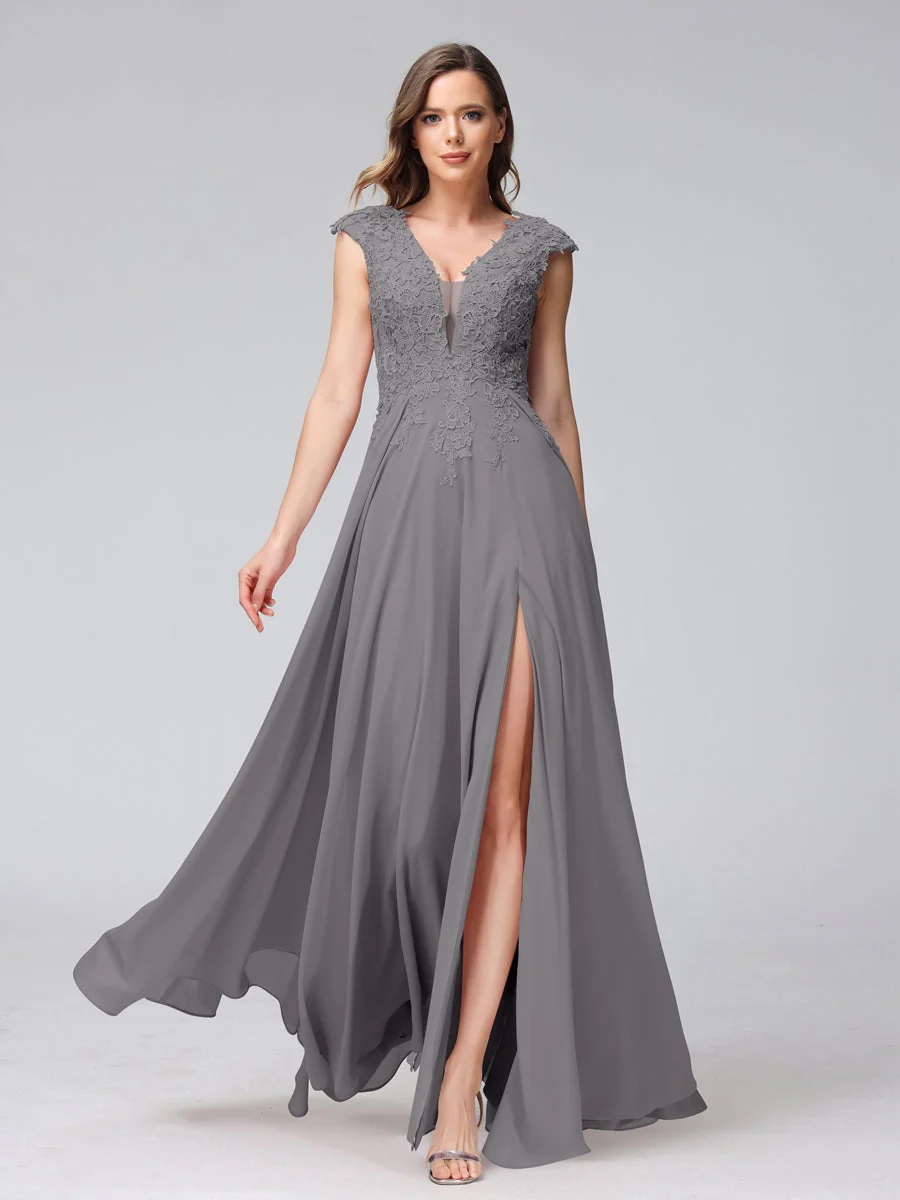 A-Line/Princess V-Neck Sleeveless Chiffon LongBridemaid Dresses With Applique Split Side - Image 74