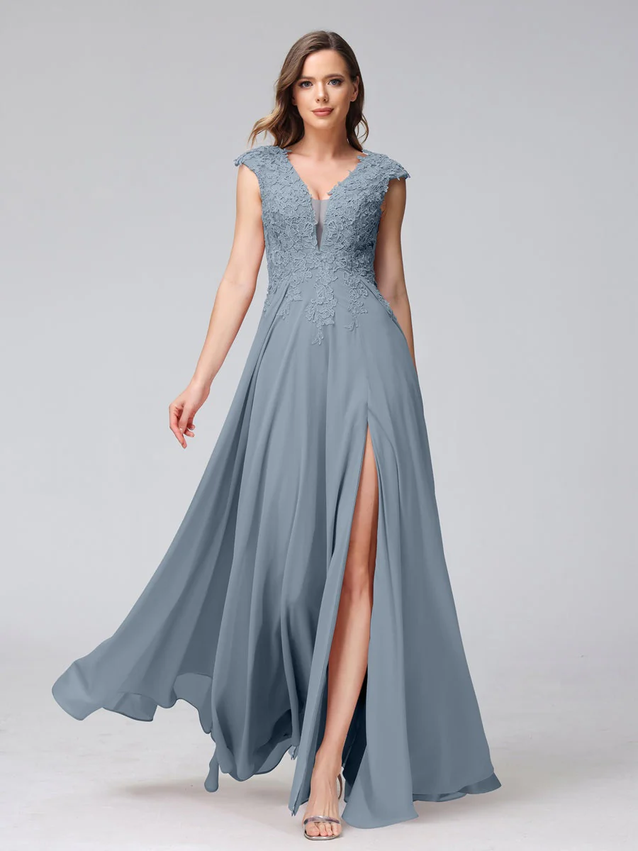 A-Line/Princess V-Neck Sleeveless Chiffon LongBridemaid Dresses With Applique Split Side - Image 8