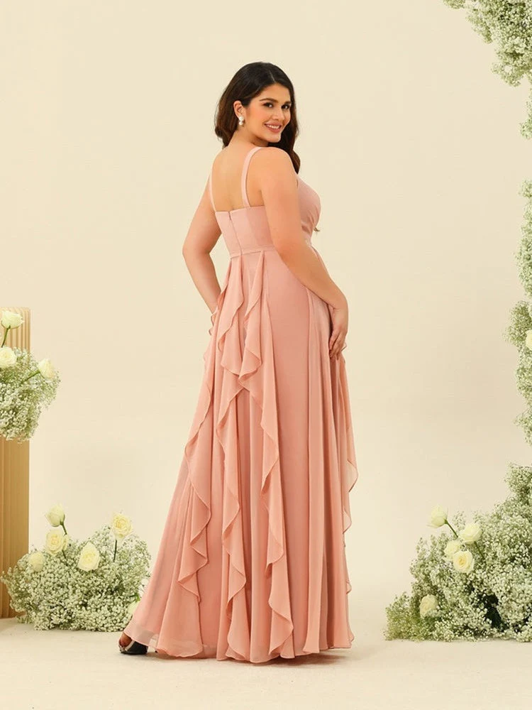 A-Line/Princess V-Neck Sleeveless Long Plus Size Ruched Bridesmaid Dresses with Ruffles - Image 2