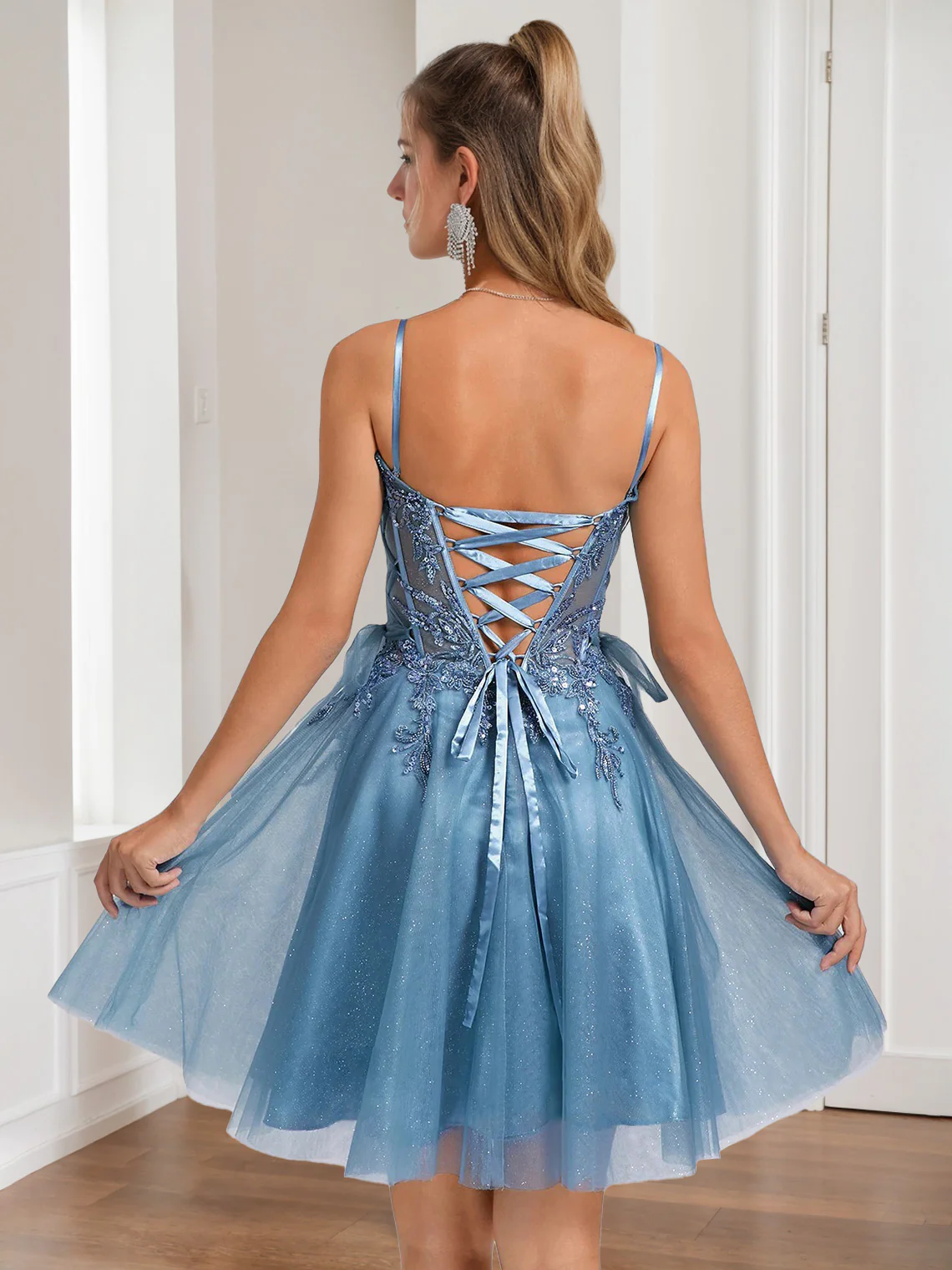 A-Line/Princess V-Neck Sleeveless Pleated Short/Mini Homecoming Dresses with Beads & Sequins & Appliques Lace & Lace-Up & Bows - Image 2