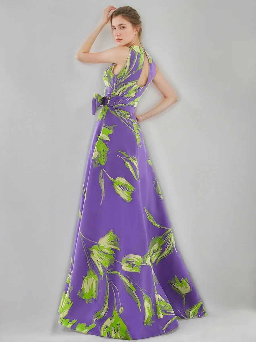A-Line/Princess V-Neck Sleeveless Printed Floral Mother of the Bride & Groom Dresses with Bow Belt - Image 2