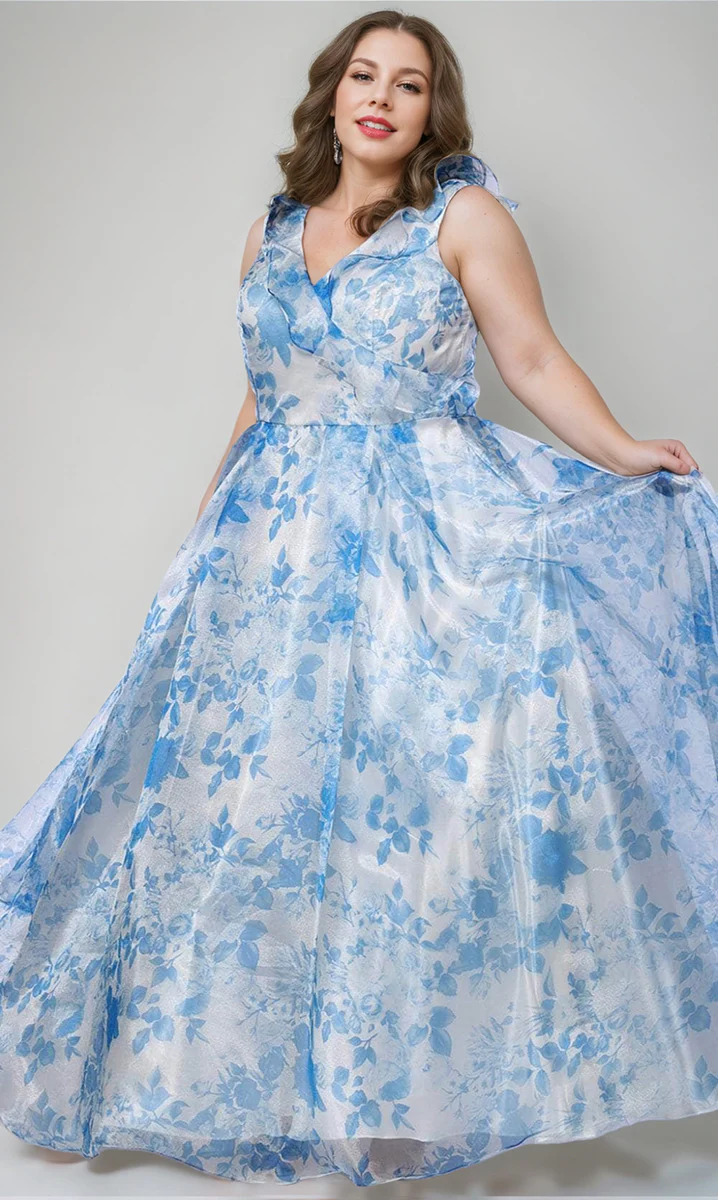 A-Line/Princess V-Neck Sleeveless Printed Floral Plus Size Prom Dresses with Ruffles