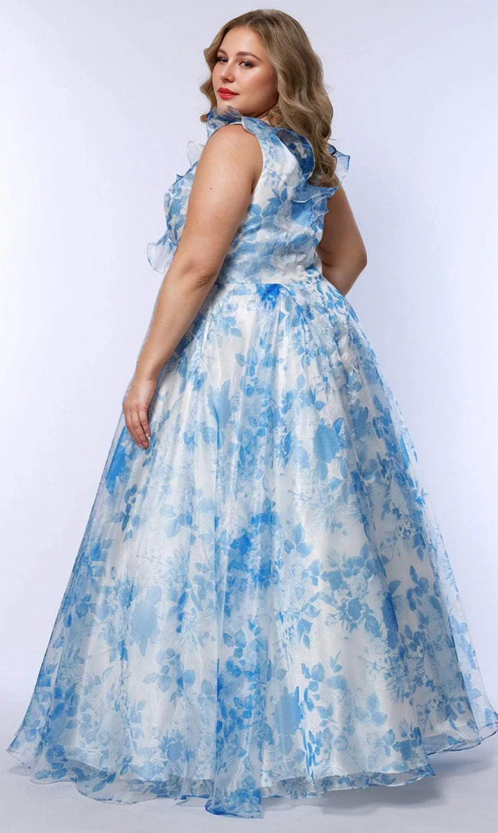 A-Line/Princess V-Neck Sleeveless Printed Floral Plus Size Prom Dresses with Ruffles - Image 2