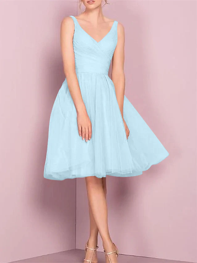 A-Line/Princess V Neck Sleeveless Tea-Length Cocktail Dresses with Pleats - Image 16