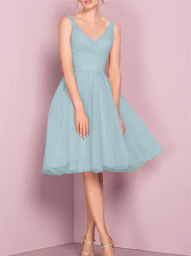 A-Line/Princess V Neck Sleeveless Tea-Length Cocktail Dresses with Pleats - Image 28