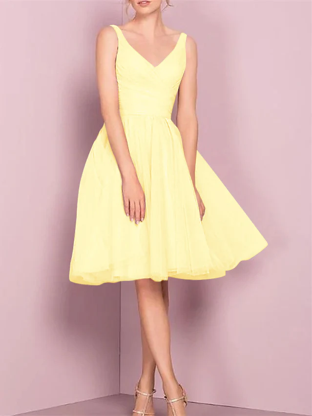 A-Line/Princess V Neck Sleeveless Tea-Length Cocktail Dresses with Pleats - Image 35