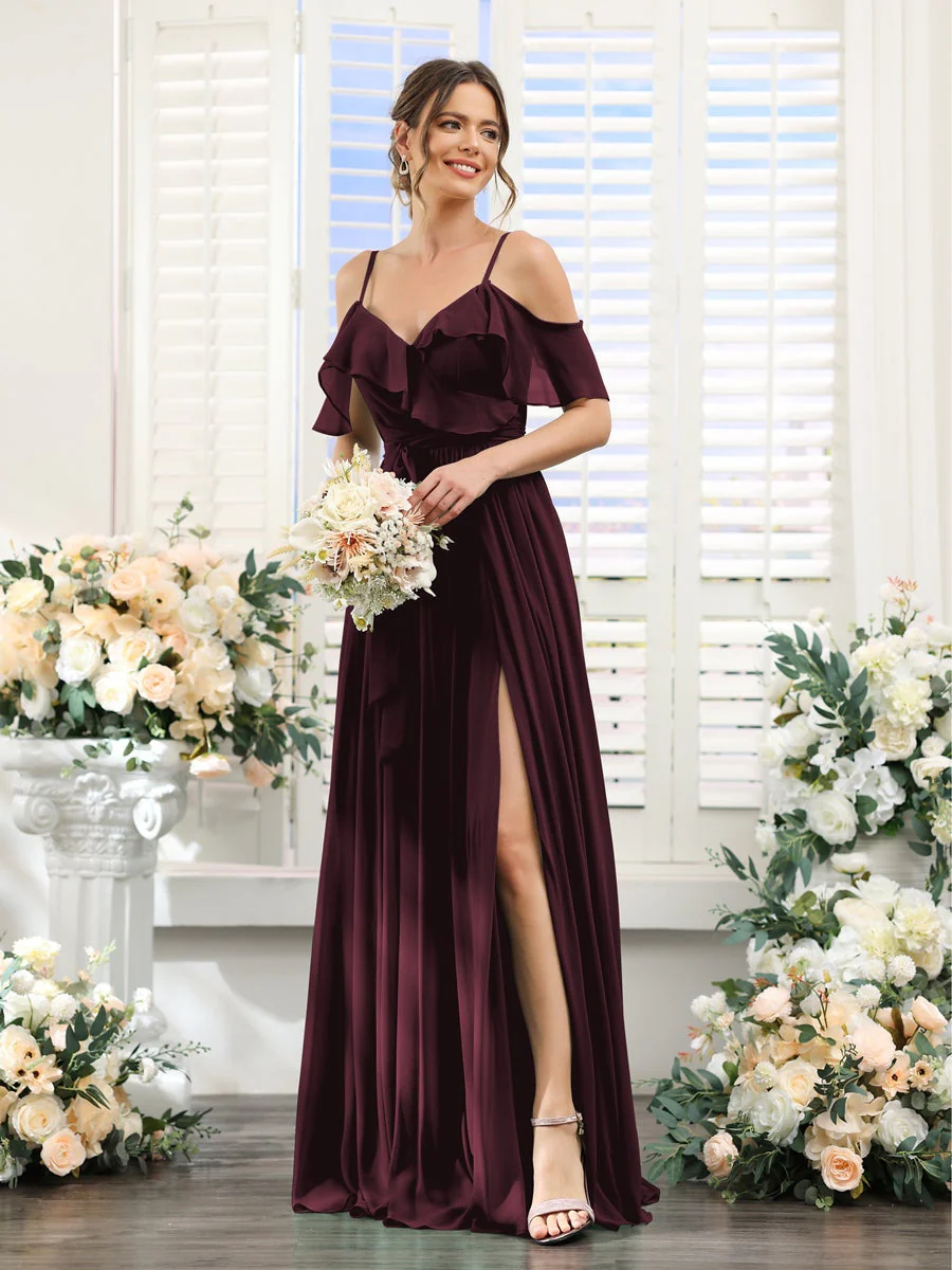 A-Line/Princess V-Neck Spaghetti Straps Floor-Length Bridesmaid Dresses with Pockets - Image 13