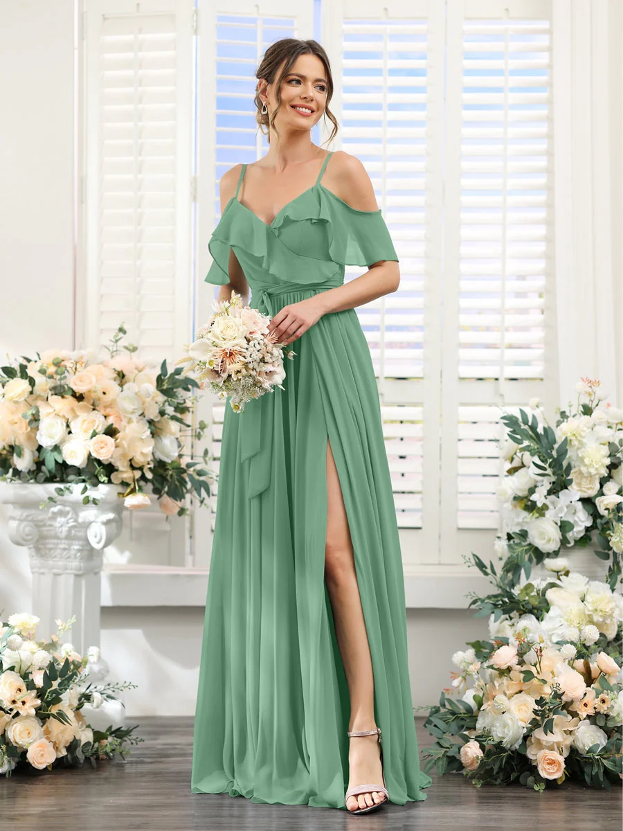 A-Line/Princess V-Neck Spaghetti Straps Floor-Length Bridesmaid Dresses with Pockets - Image 18