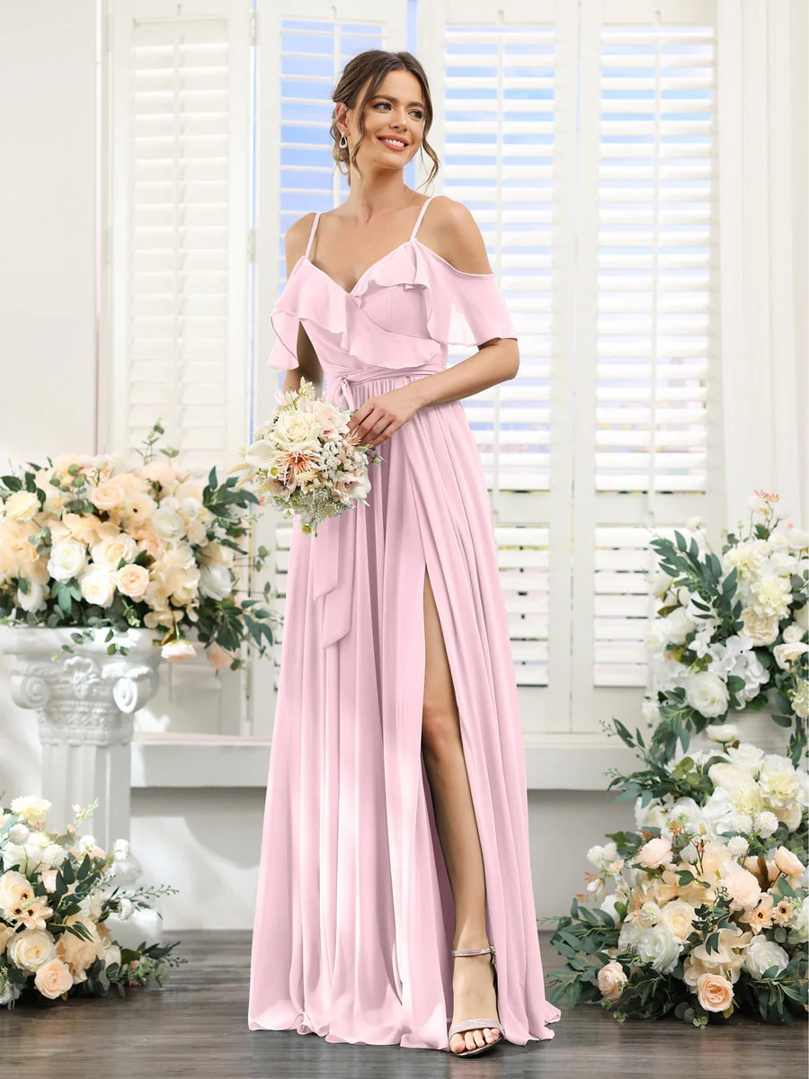 A-Line/Princess V-Neck Spaghetti Straps Floor-Length Bridesmaid Dresses with Pockets - Image 26