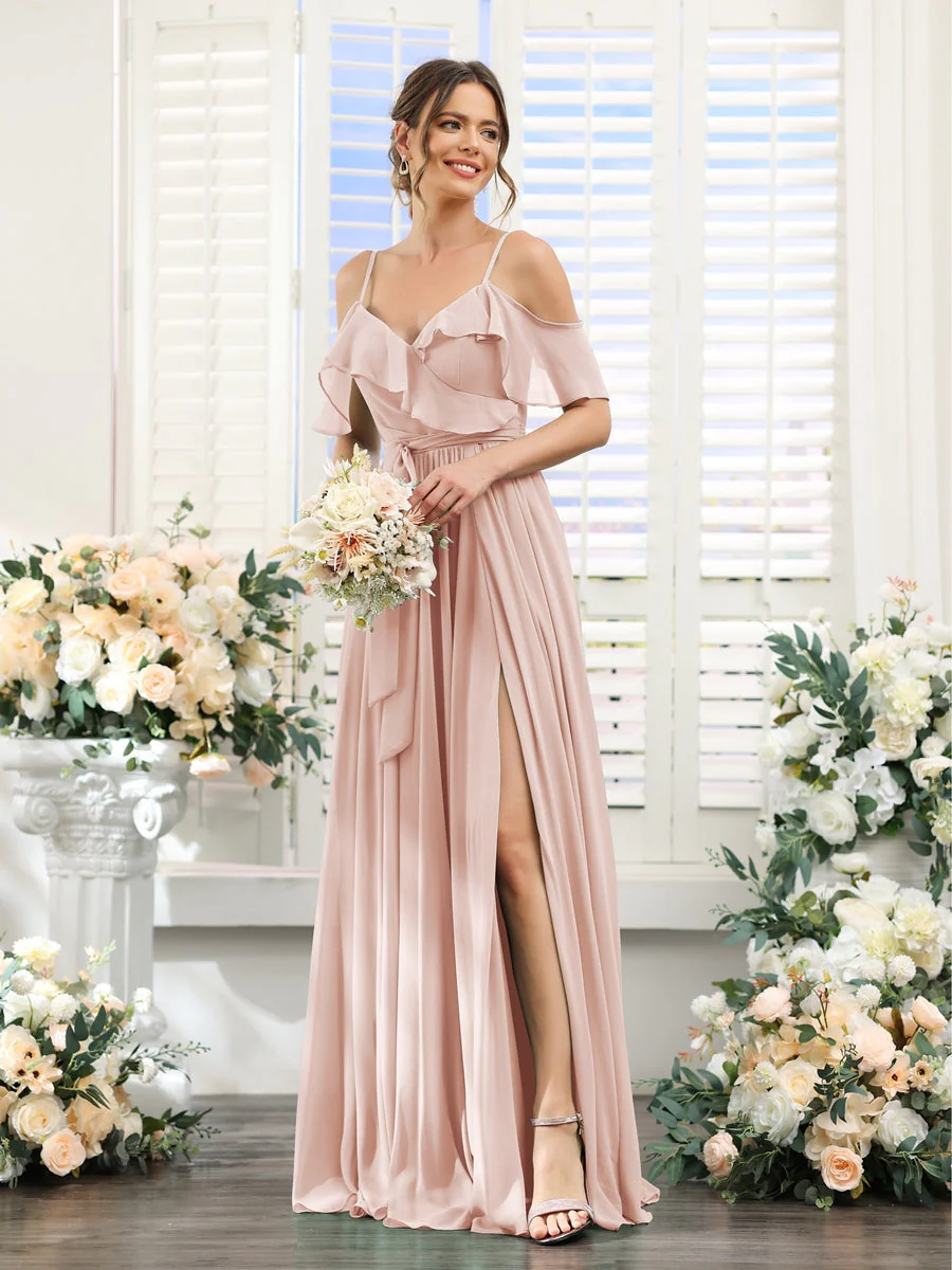 A-Line/Princess V-Neck Spaghetti Straps Floor-Length Bridesmaid Dresses with Pockets - Image 29