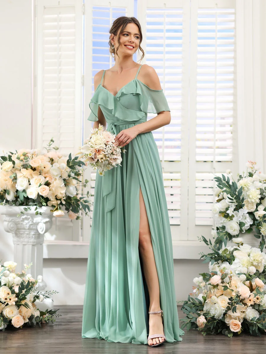 A-Line/Princess V-Neck Spaghetti Straps Floor-Length Bridesmaid Dresses with Pockets - Image 3
