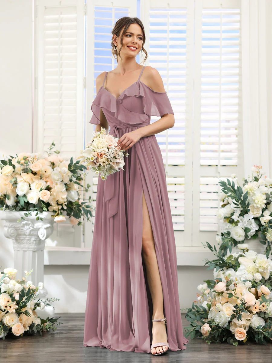 A-Line/Princess V-Neck Spaghetti Straps Floor-Length Bridesmaid Dresses with Pockets - Image 32