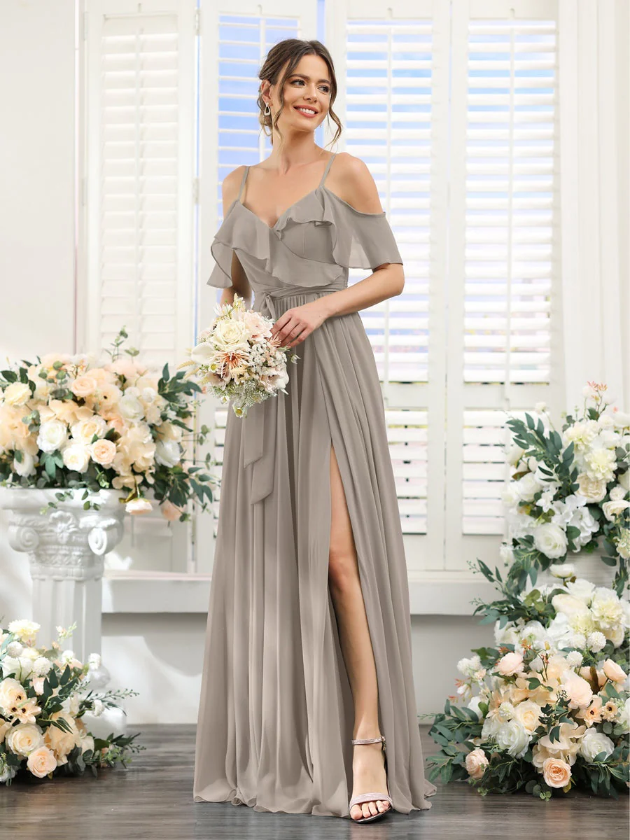 A-Line/Princess V-Neck Spaghetti Straps Floor-Length Bridesmaid Dresses with Pockets - Image 74