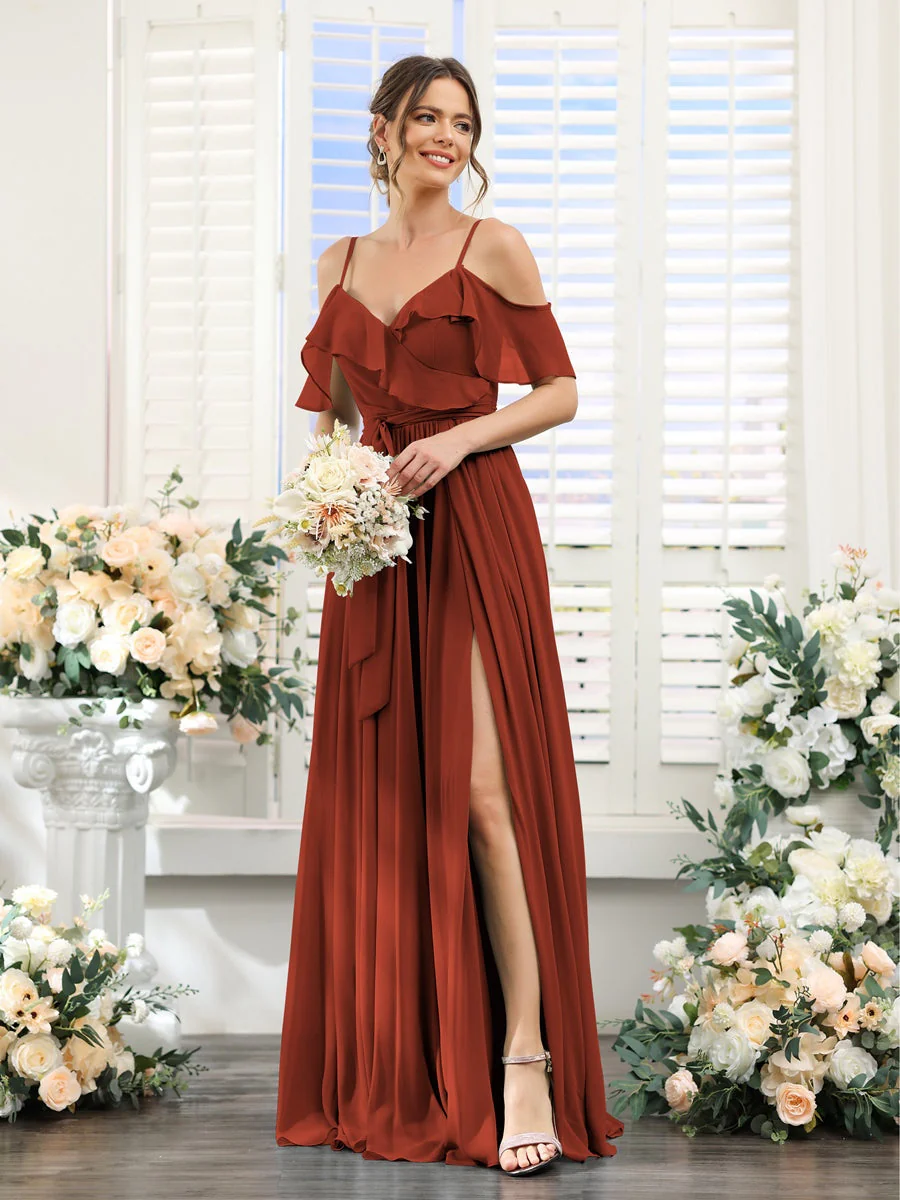 A-Line/Princess V-Neck Spaghetti Straps Floor-Length Bridesmaid Dresses with Pockets - Image 79
