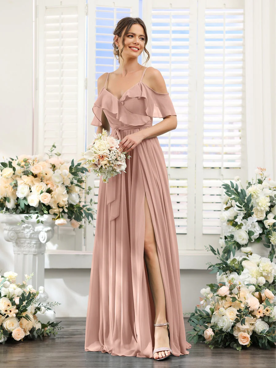 A-Line/Princess V-Neck Spaghetti Straps Floor-Length Bridesmaid Dresses with Pockets - Image 8