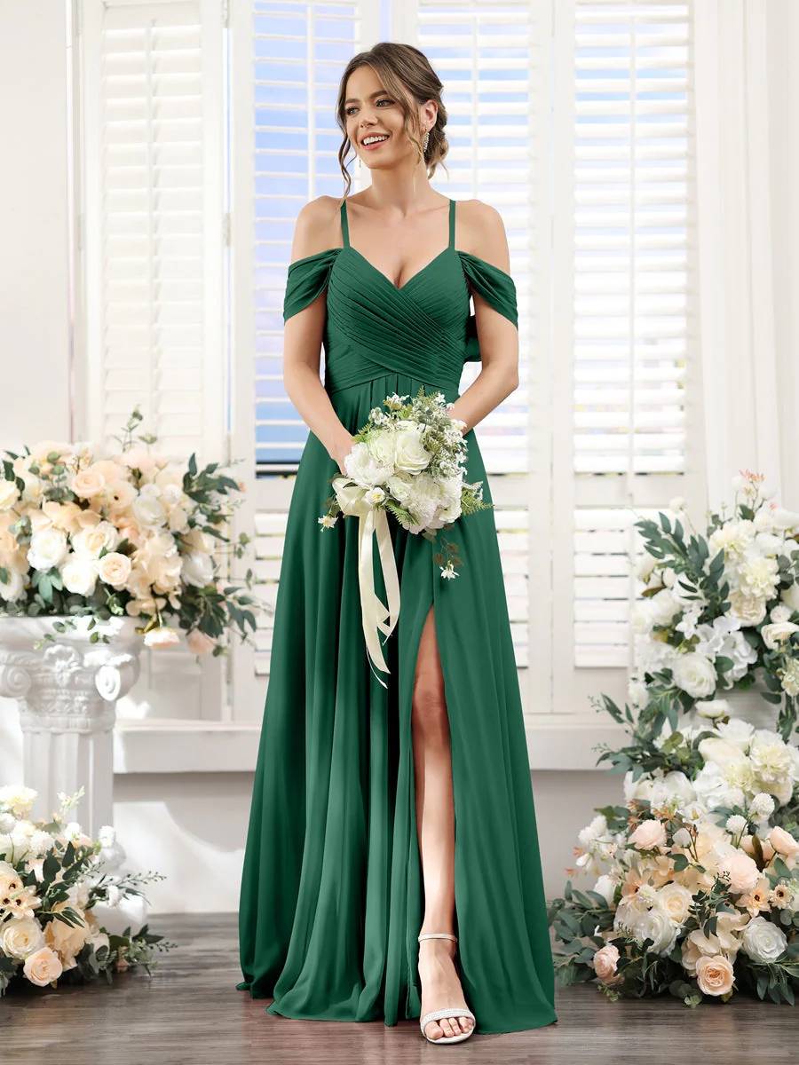 A-Line/Princess V-Neck Spaghetti Straps Floor-Length Chiffon Bridesmaid Dresses with Split Side - Image 11