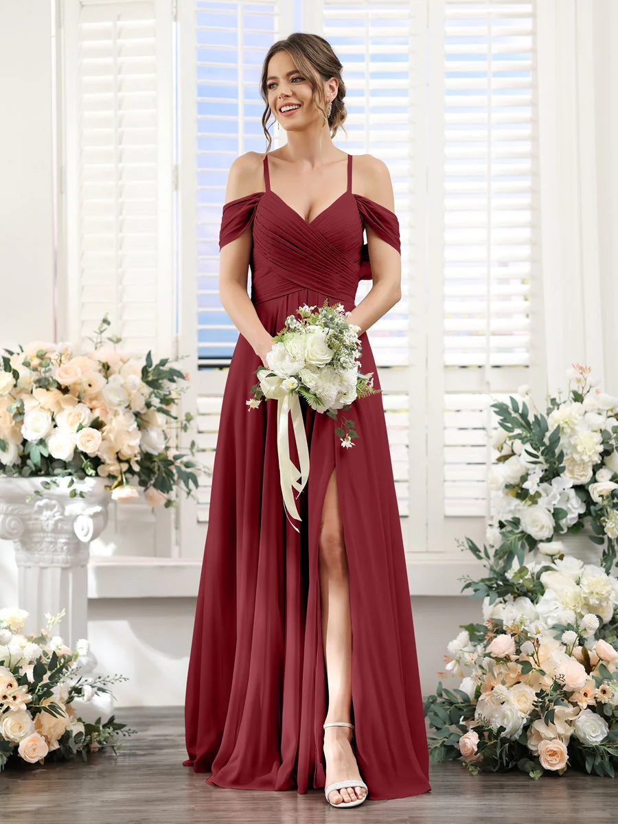 A-Line/Princess V-Neck Spaghetti Straps Floor-Length Chiffon Bridesmaid Dresses with Split Side - Image 37