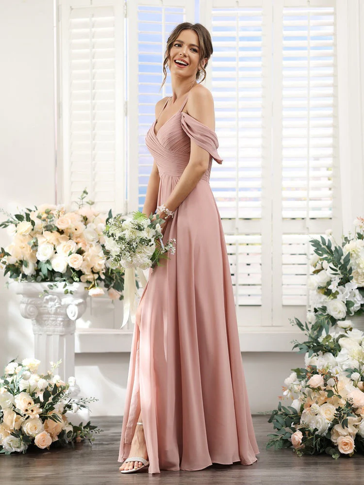 A-Line/Princess V-Neck Spaghetti Straps Floor-Length Chiffon Bridesmaid Dresses with Split Side - Image 4