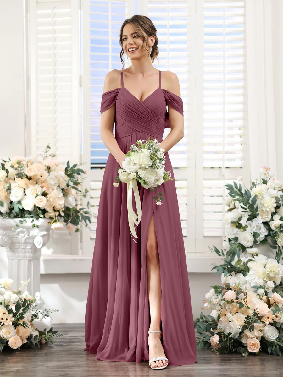 A-Line/Princess V-Neck Spaghetti Straps Floor-Length Chiffon Bridesmaid Dresses with Split Side - Image 43
