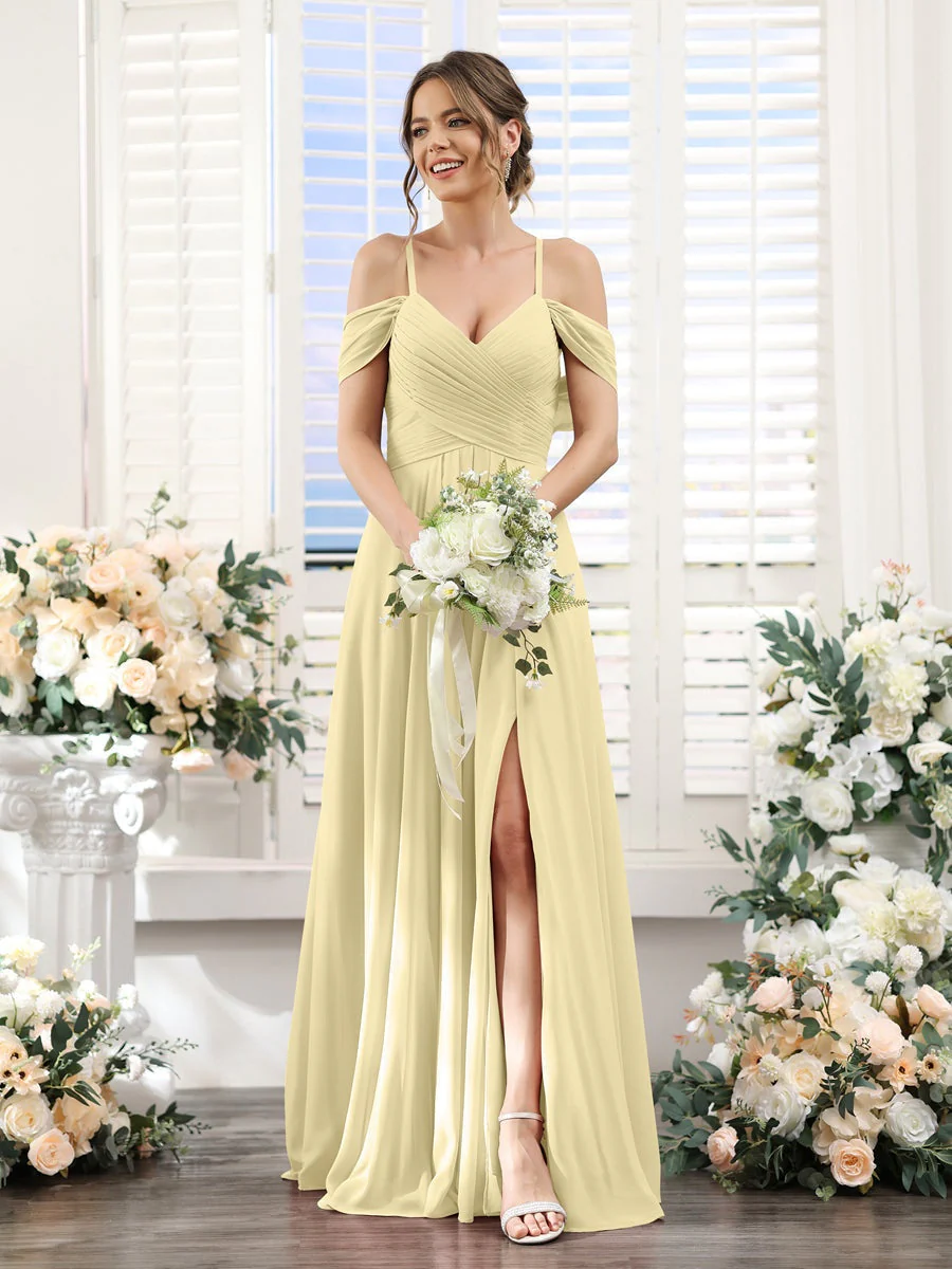 A-Line/Princess V-Neck Spaghetti Straps Floor-Length Chiffon Bridesmaid Dresses with Split Side - Image 68