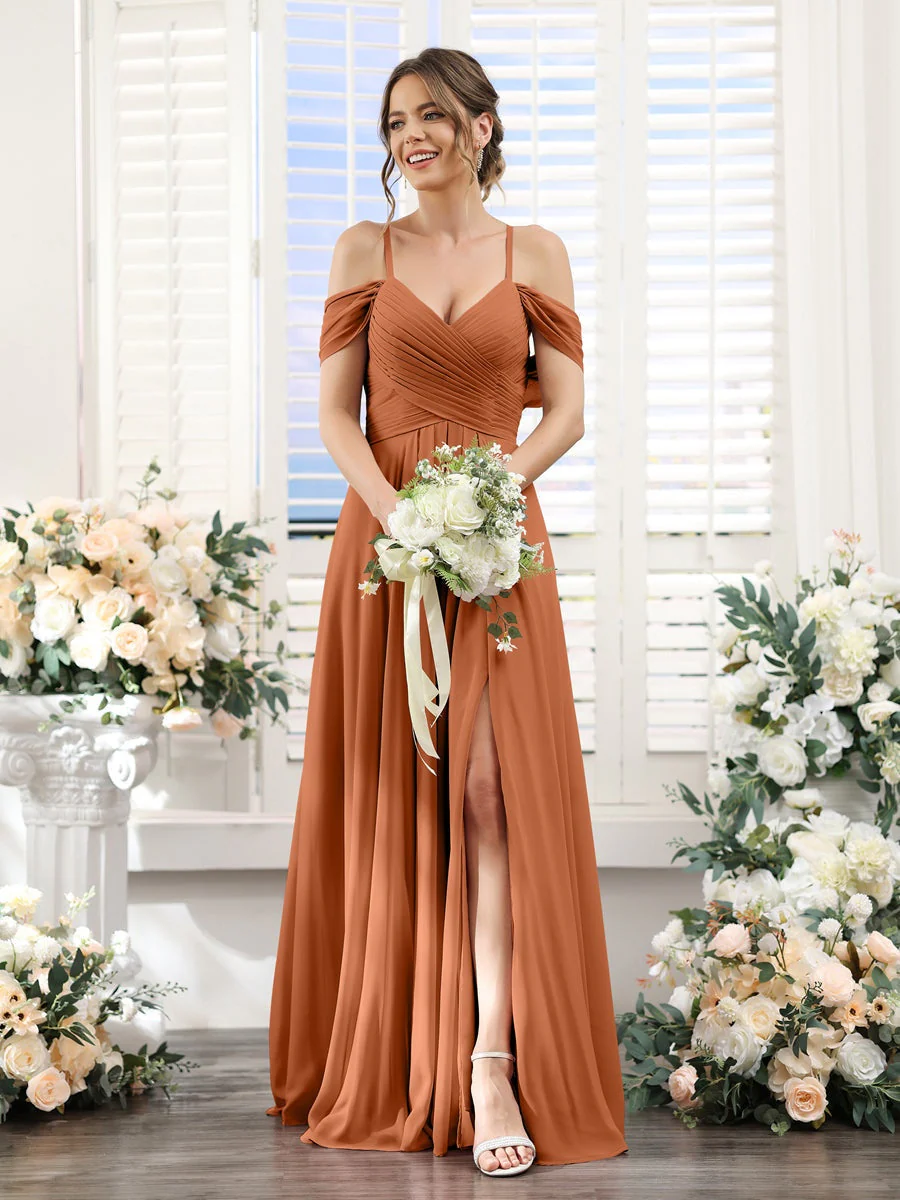 A-Line/Princess V-Neck Spaghetti Straps Floor-Length Chiffon Bridesmaid Dresses with Split Side - Image 9