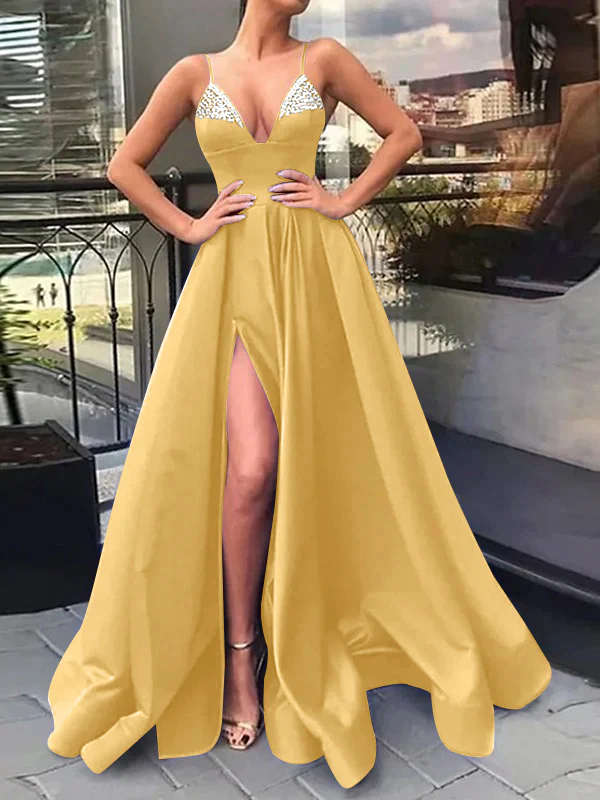 A-Line/Princess V-Neck Evening Dresses Spaghetti Straps Prom Party Dress With Split Side & Sequins - Image 8