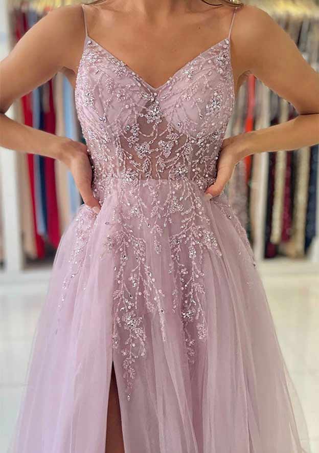 A-Line/Princess V-Neck Spaghetti Straps Long Prom Dresses With Split Side - Image 4