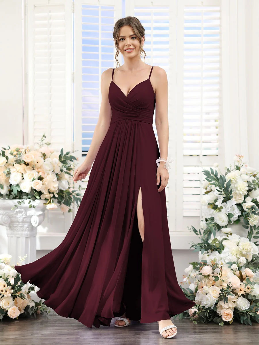 A-Line/Princess V-Neck Spaghetti Straps Sleeveless Floor-Length Chiffon Bridesmaid Dresses with Split Side - Image 13