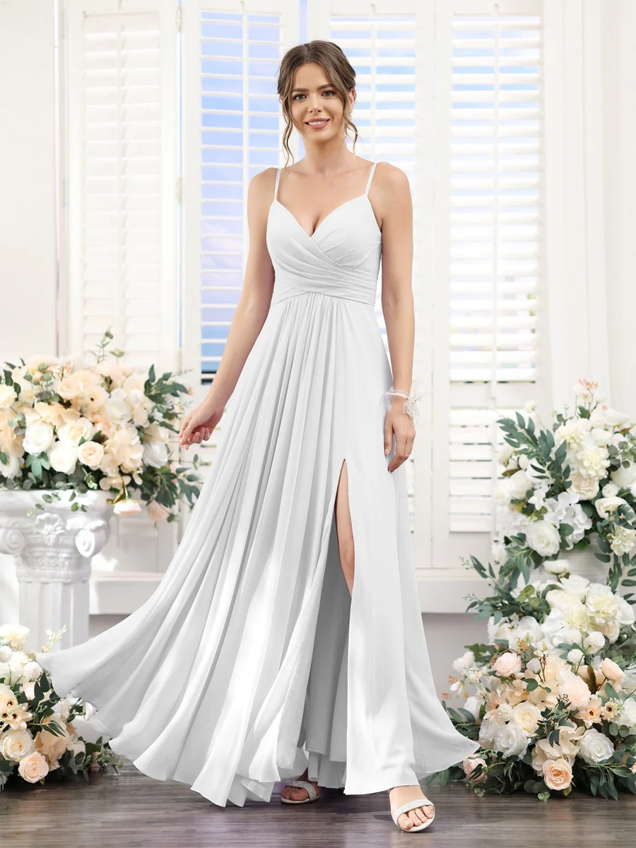 A-Line/Princess V-Neck Spaghetti Straps Sleeveless Floor-Length Chiffon Bridesmaid Dresses with Split Side - Image 20