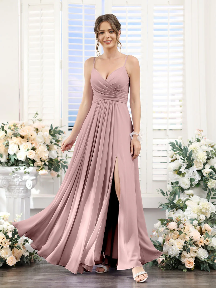 A-Line/Princess V-Neck Spaghetti Straps Sleeveless Floor-Length Chiffon Bridesmaid Dresses with Split Side - Image 30