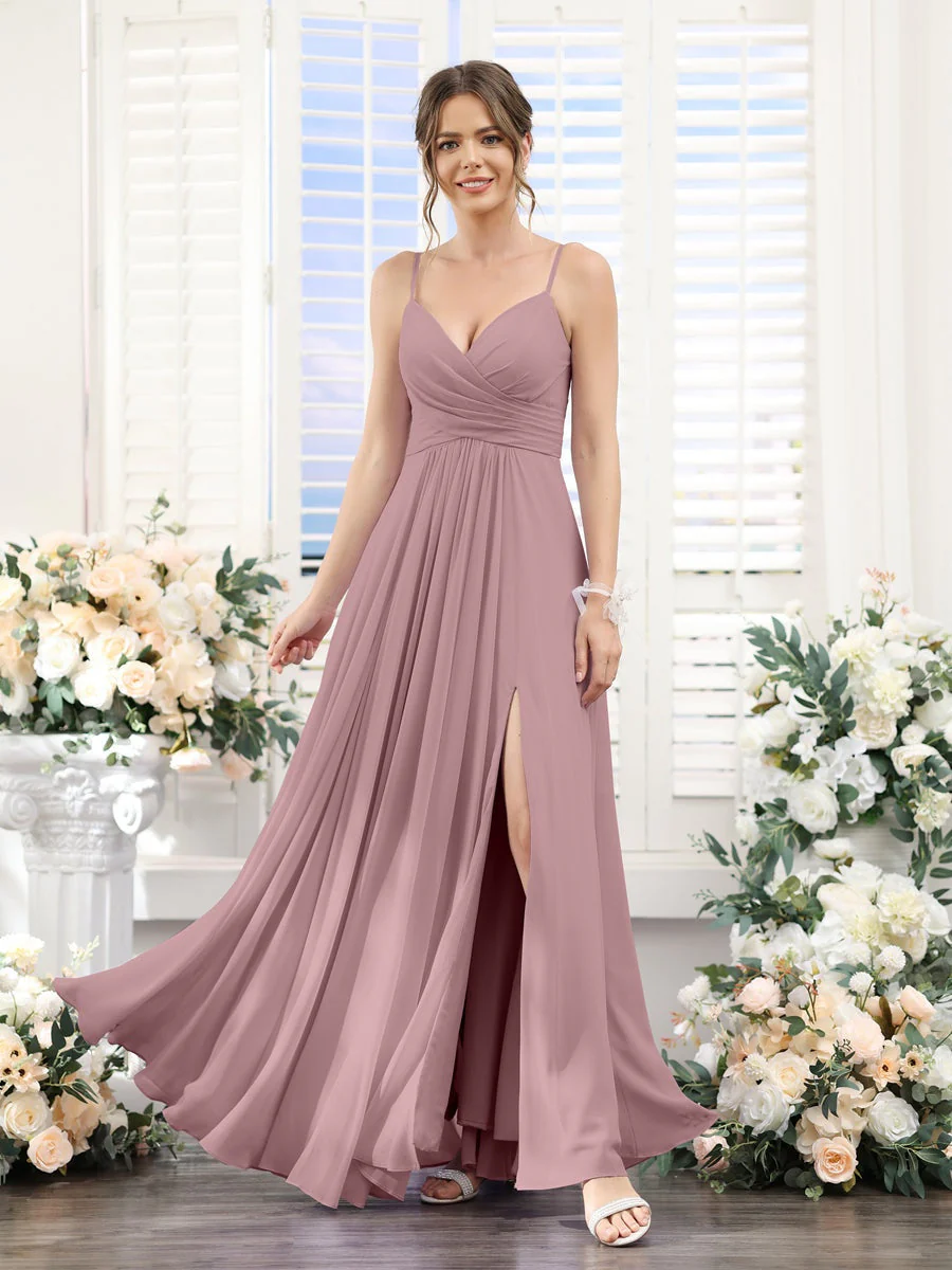 A-Line/Princess V-Neck Spaghetti Straps Sleeveless Floor-Length Chiffon Bridesmaid Dresses with Split Side - Image 31
