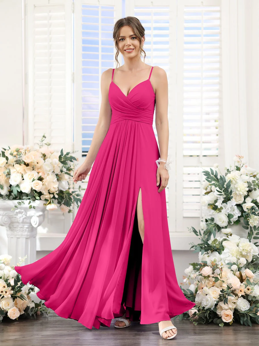 A-Line/Princess V-Neck Spaghetti Straps Sleeveless Floor-Length Chiffon Bridesmaid Dresses with Split Side - Image 34